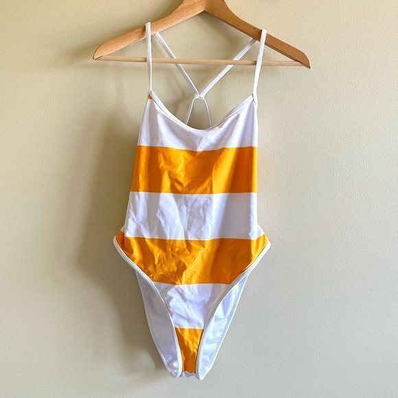 Forever 21 White and Yellow‎ Striped Swimsuit One Piece Womens Size M - Picture 1 of 5